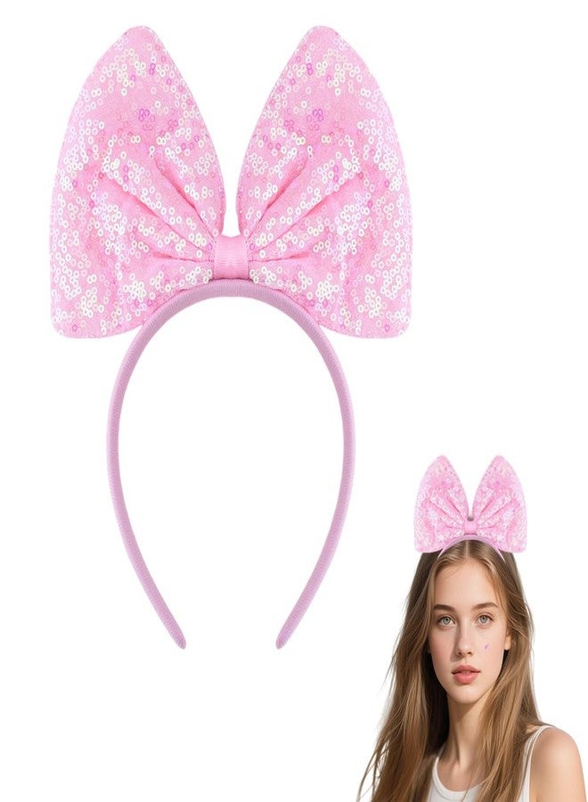 Sdopbinbin Pink Glitter Bow Headband Halloween Headpiece Hairband for Women Girls Pink Sparkly Halloween Hair Accessories for Women Kids Girls Sparkly Bowknot Sequin Head Band Christmas Hair Band for Girls Kids - Image 1